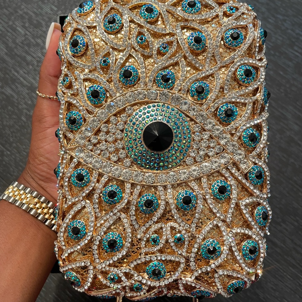 Evil eye crystal clutch